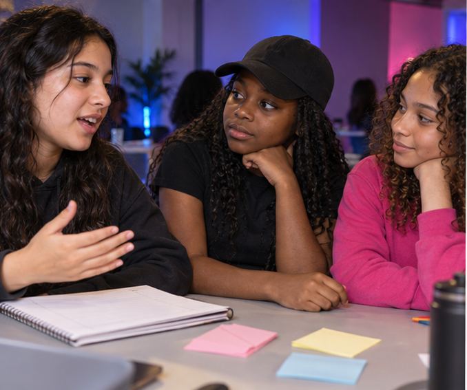 Girls in discussion at a table