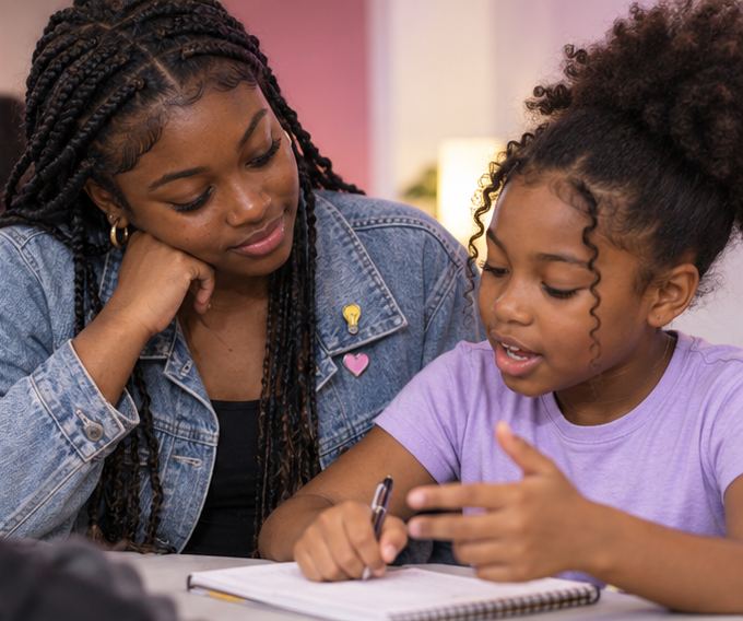 Mentor and girl working in a notebook
