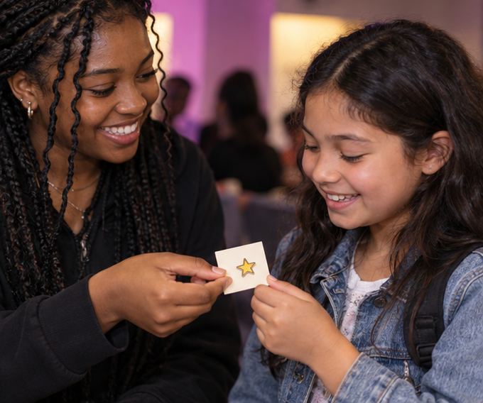 Mentor presenting a milestone pin